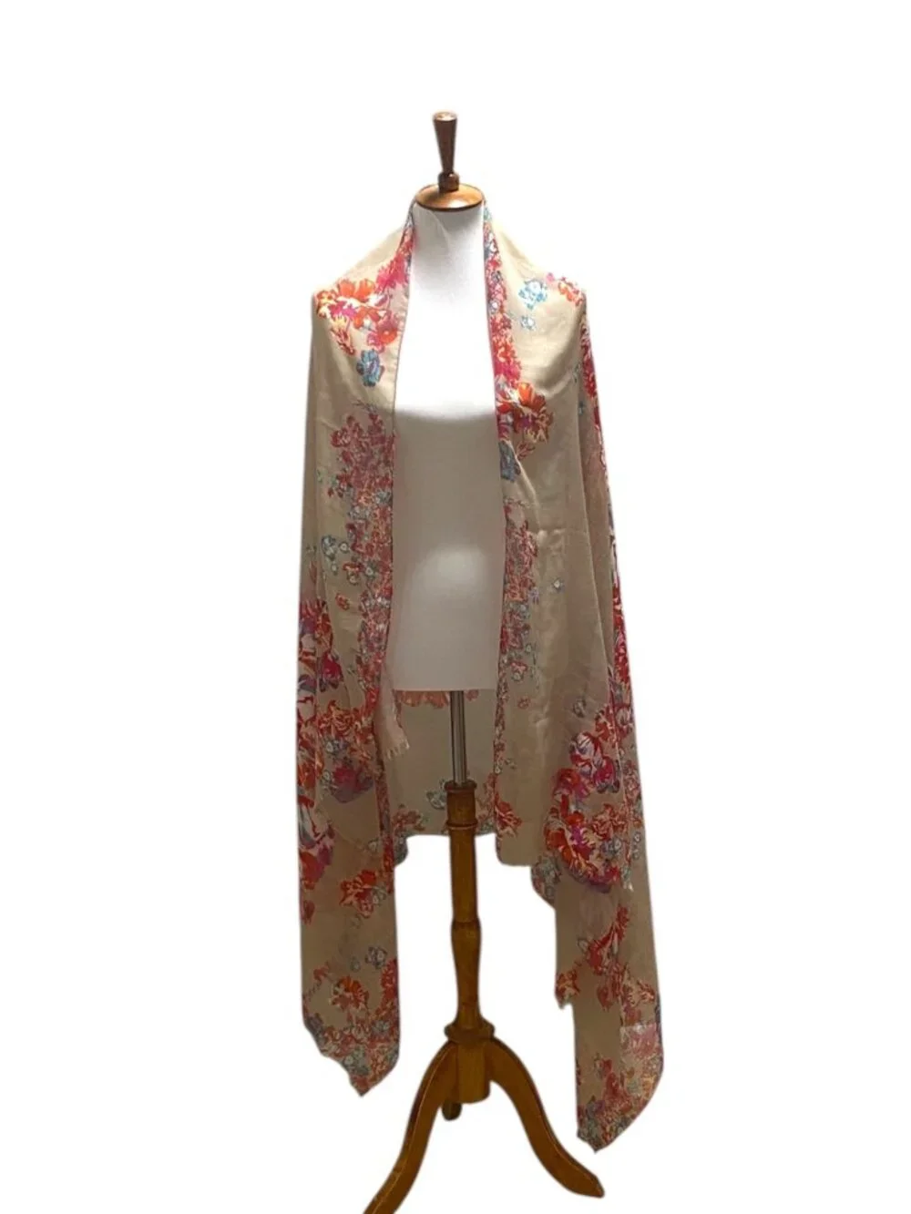 Floral Blanket Scarf Beige One Size Boho Coastal Beach Spring Vacation Resort